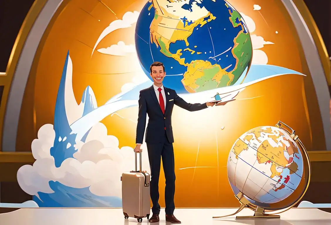A friendly travel agent with a big smile, holding a globe, dressed in professional attire, with suitcases and travel brochures in the background..