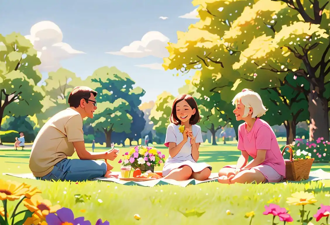 Adults of all ages enjoying a picnic in a peaceful park, wearing comfortable casual attire, surrounded by blooming flowers and smiling in the warm sunshine..