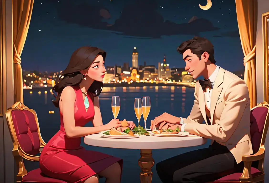 A young couple enjoying a romantic dinner under the stars, dressed in elegant attire, surrounded by a vibrant cityscape..