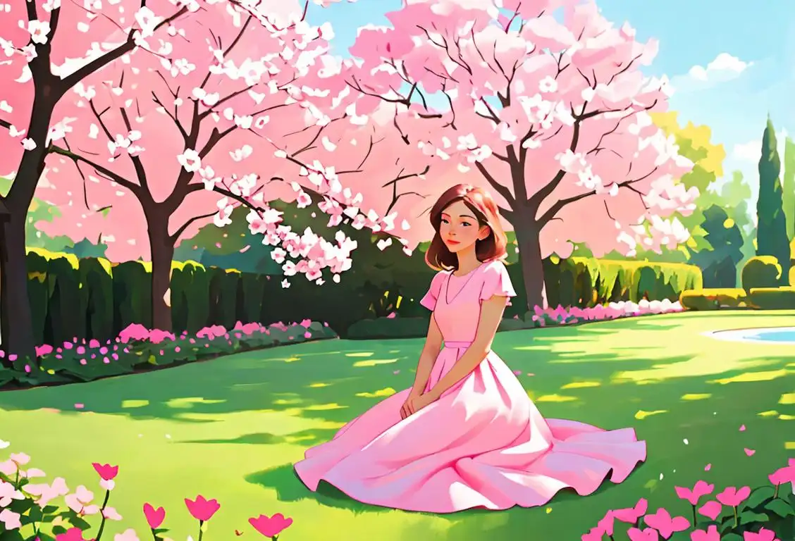 Young woman surrounded by pink flowers, wearing a flowy summer dress, in a peaceful garden setting.