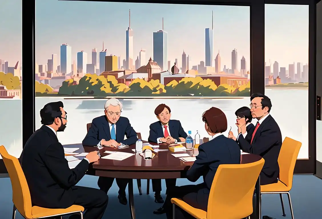 Group of diverse individuals sitting around a table, dressed in professional attire, discussing important matters, city skyline in the background..