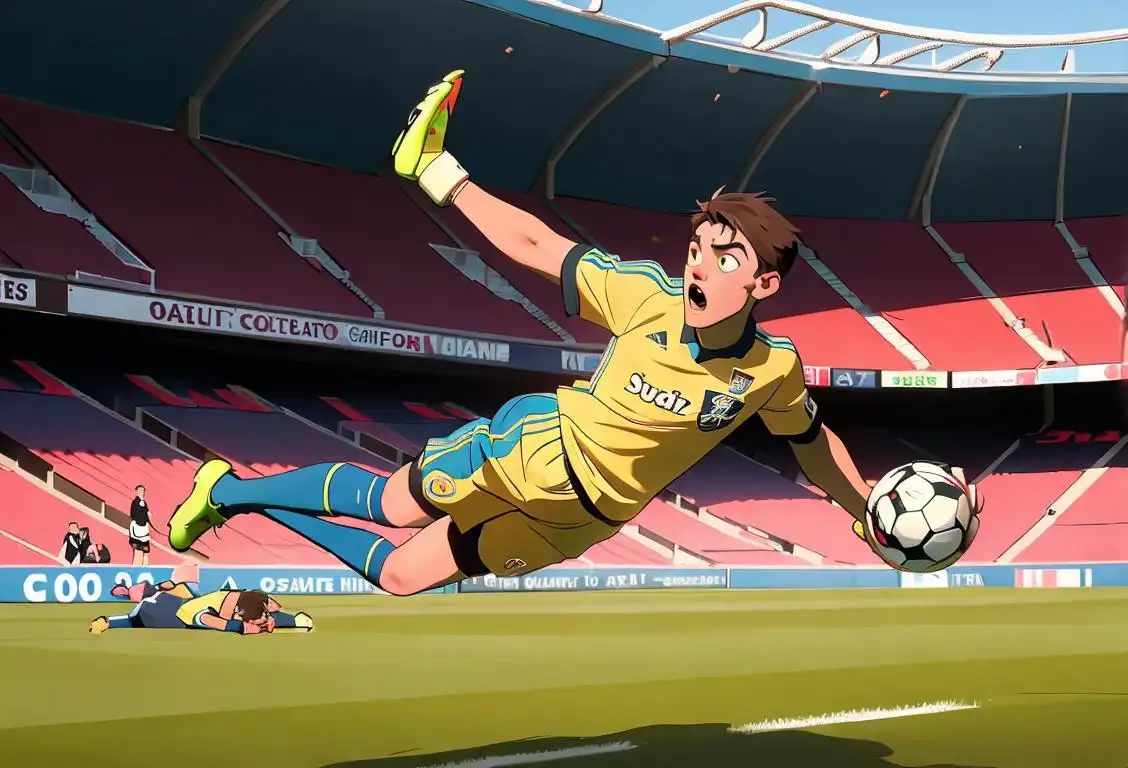 A brave goalkeeper, diving to make an incredible save, wearing soccer gear, in a stadium filled with cheering fans..