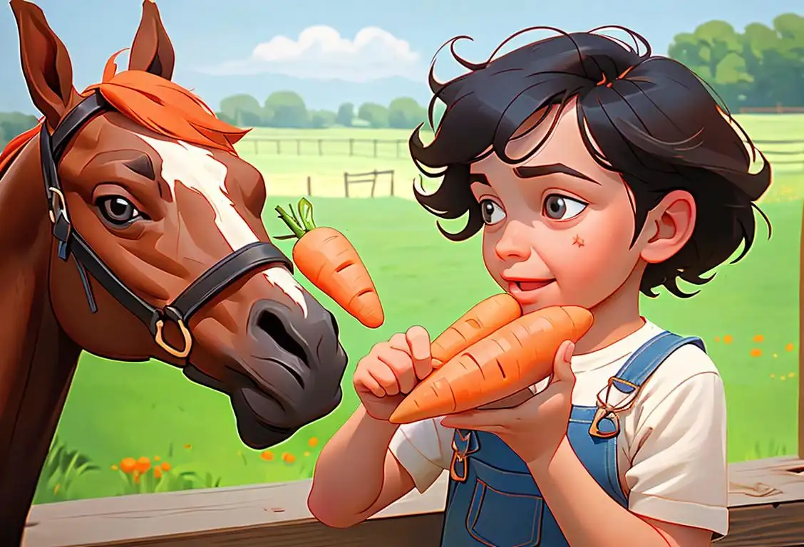 Happy child feeding a horse with a carrot, wearing denim overalls, farmhouse backdrop..