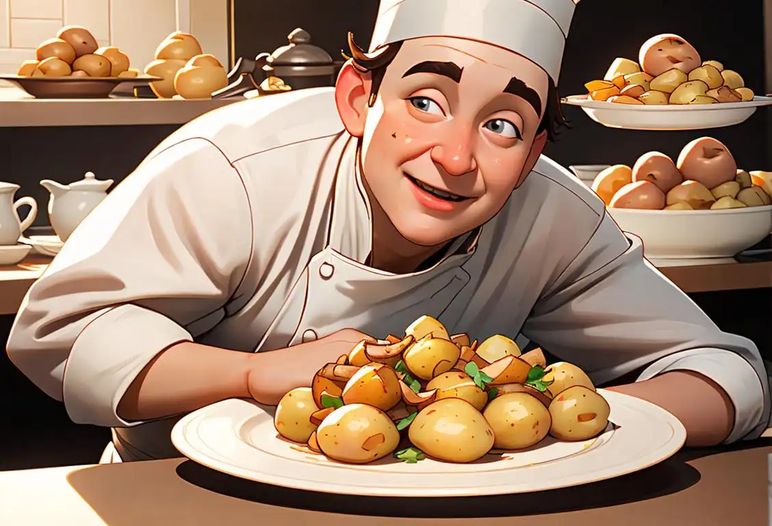 A cheerful person holding a plate of delicious potatoes, wearing a chef hat, surrounded by various potato-based dishes, in a bustling kitchen setting..