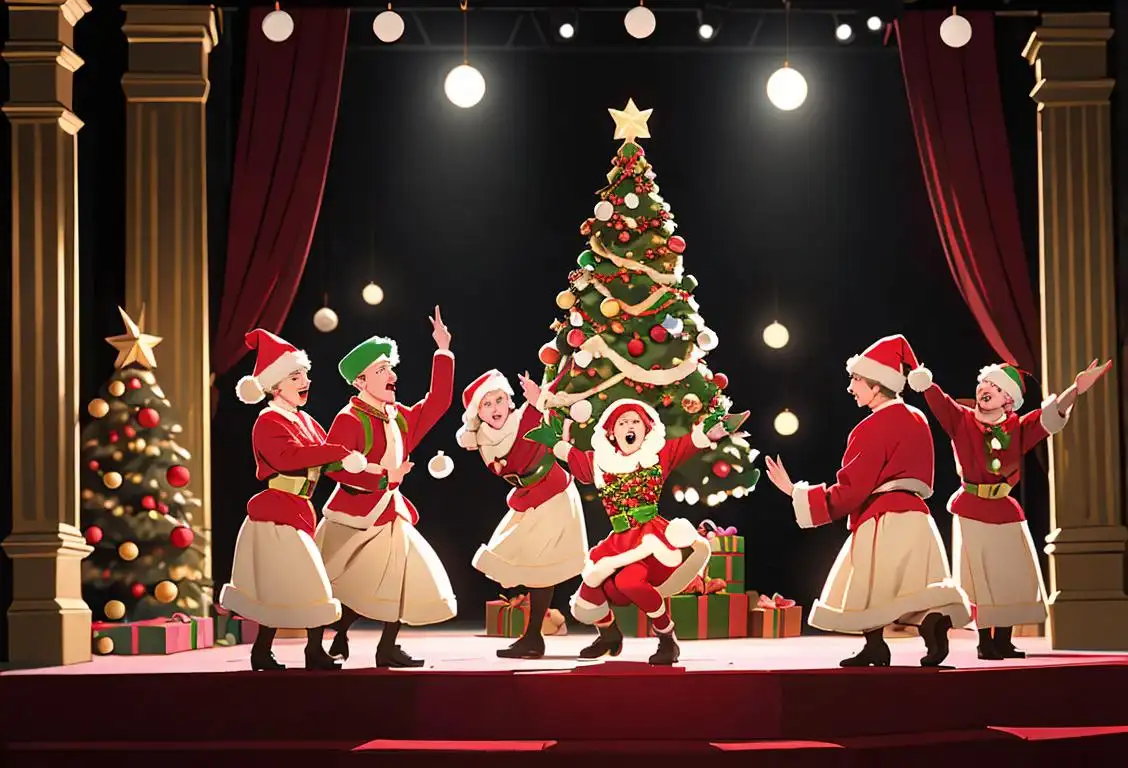 A group of people, dressed in festive attire, performing a heartwarming Christmas play on the stage of the National Arts Theatre..