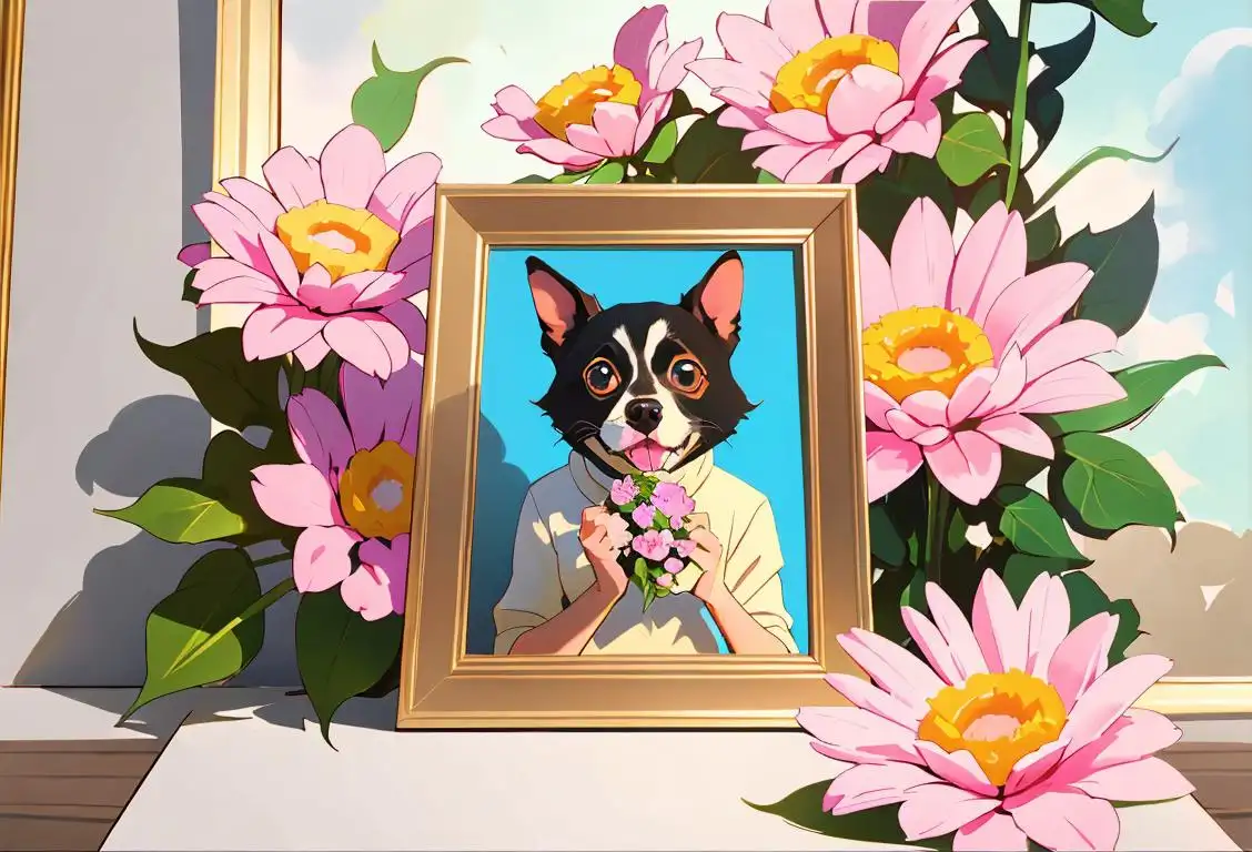 Sweet image of a person holding a framed photo of their beloved pet, surrounded by flowers and gentle sunlight..