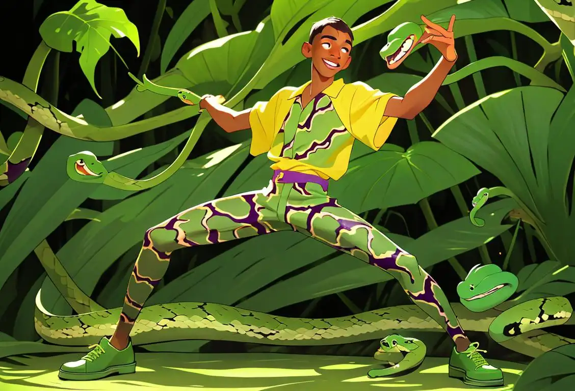 Young man with a vibrant green outfit, snake-print shoes, dancing joyfully in a tropical rainforest..