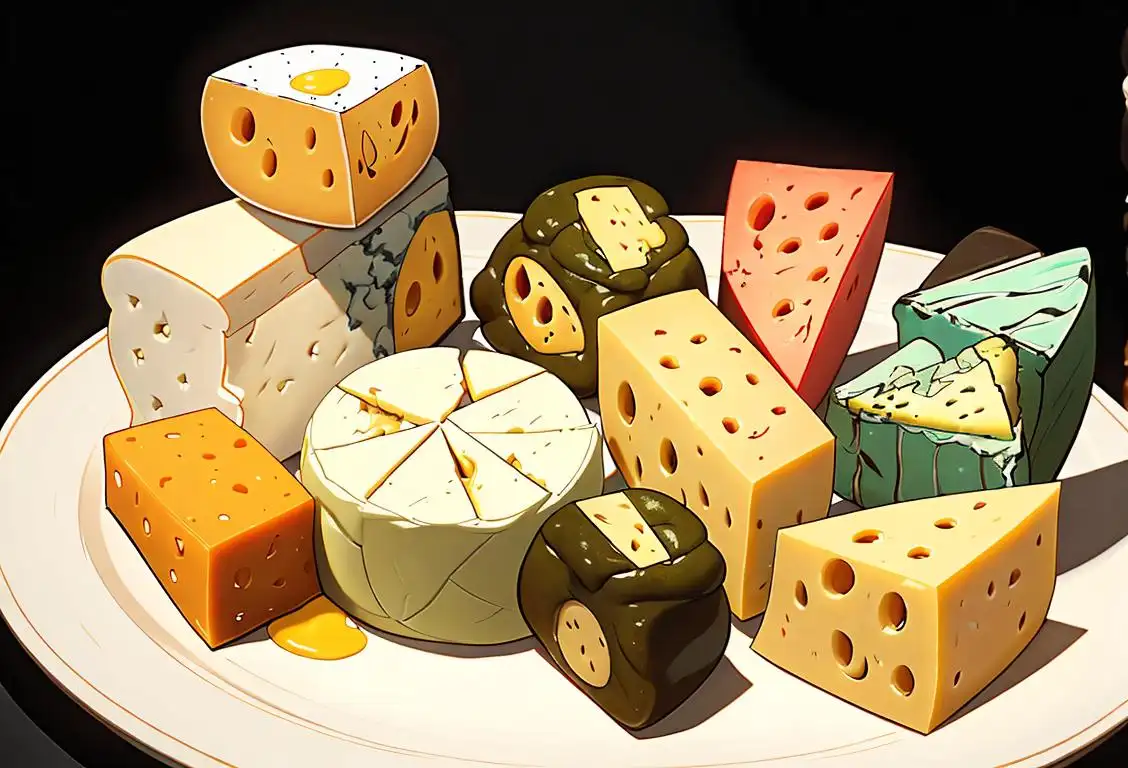 A wide array of mold-covered cheeses, showcasing their unique colors and textures, surrounded by cheese enthusiasts dressed in various fashion styles, in a cheese-tasting event..
