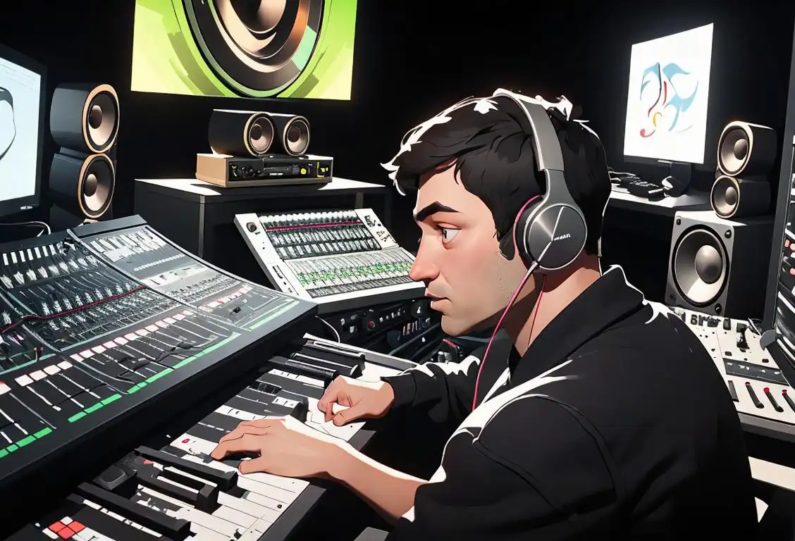 A skilled audio engineer wearing headphones, mixing a track in a state-of-the-art recording studio, surrounded by music equipment and soundproof panels..