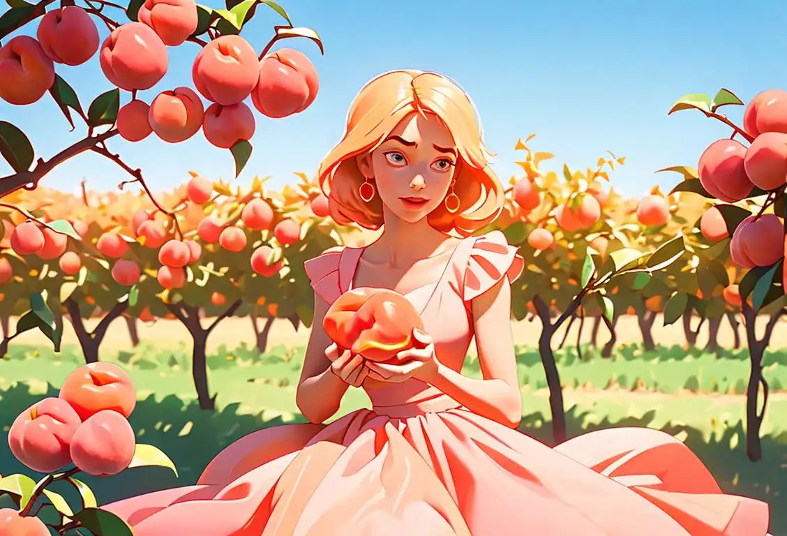 A person holding a ripe peach near their mouth, wearing a summer dress, surrounded by a luscious peach orchard..