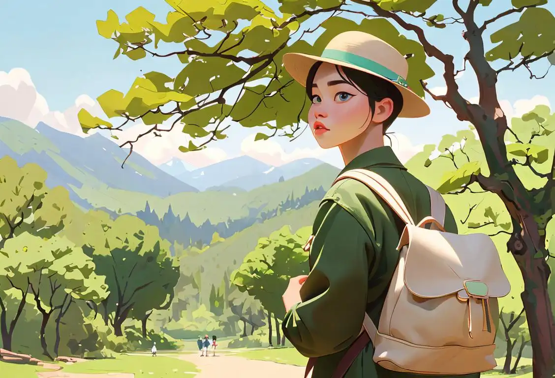 A charming image depicting Jimin in a national park, surrounded by lush greenery and wearing a stylish outdoorsy outfit, perhaps featuring a cute hat or a trendy backpack..