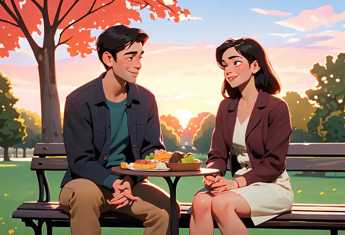 Happy couple, sitting on a park bench, holding hands, with a picnic basket and beautiful sunset in the background..
