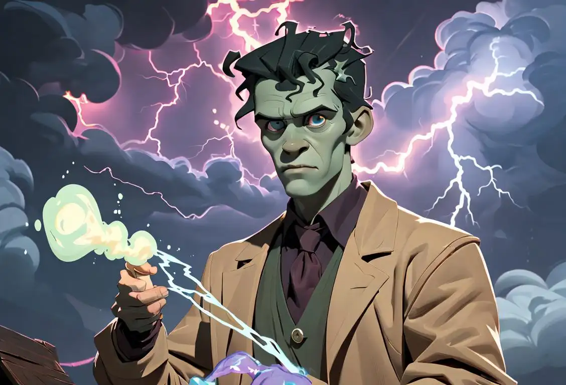 Young man with wild hair, wearing a lab coat, surrounded by lightning bolts and bubbling potions..