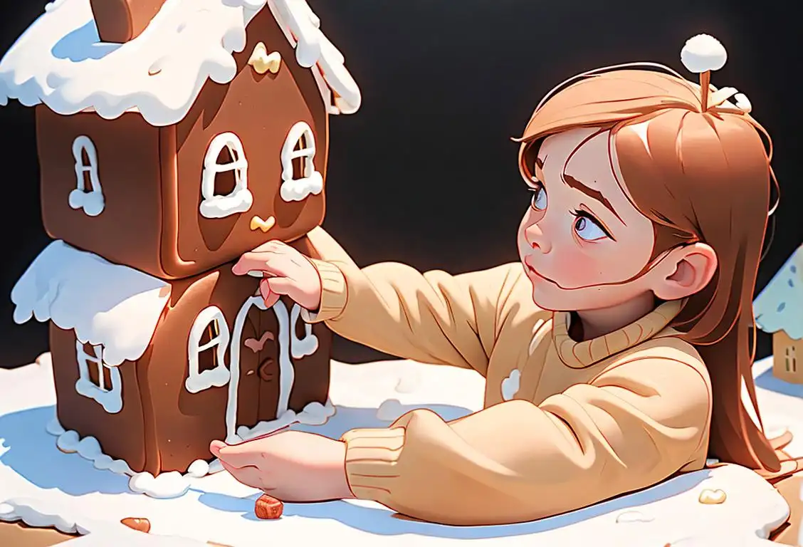A child decorating a gingerbread house with icing and candy, wearing a cozy sweater, winter wonderland scene with snowflakes falling..