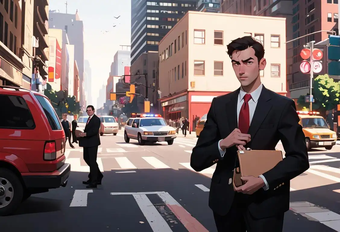A young professional in a suit, holding a briefcase, amidst a bustling city street and a crowd, with emergency vehicles in the background..