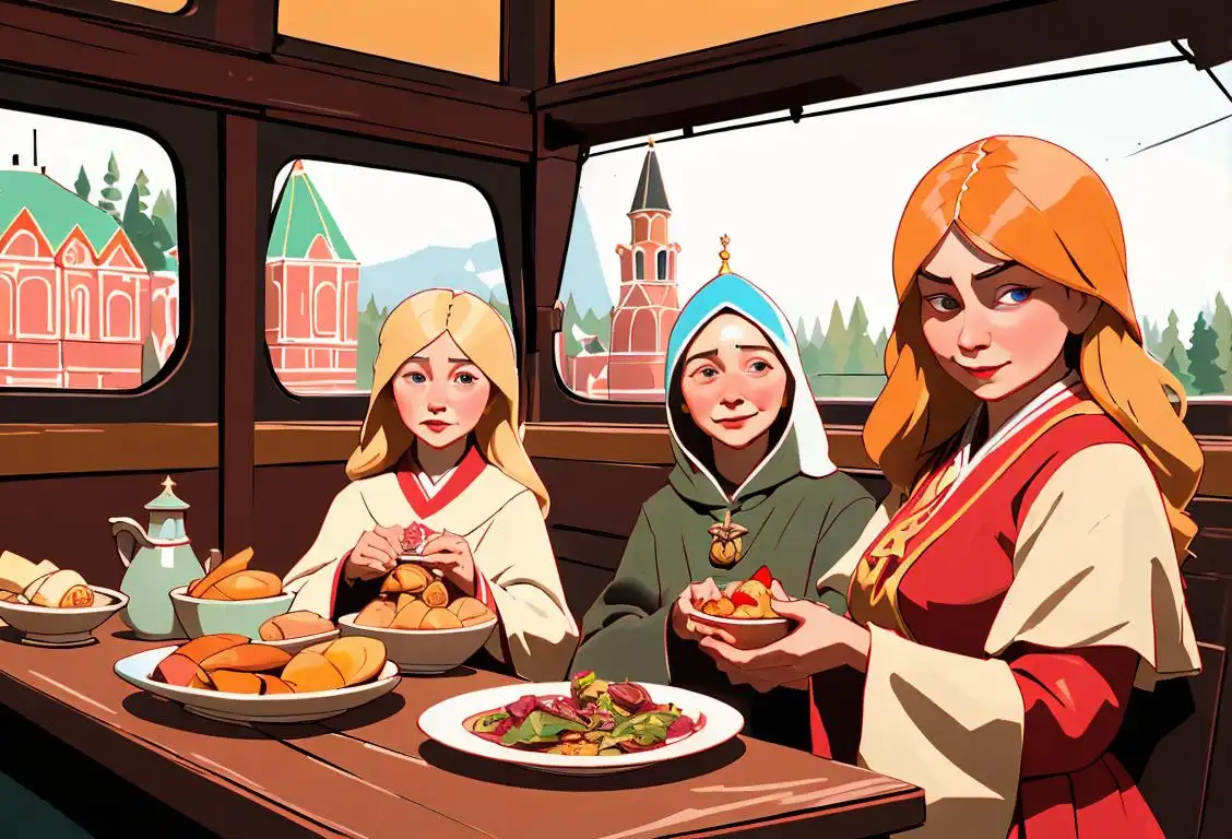 A group of people wearing traditional Russian clothing, happily celebrating with Matryoshka dolls, borscht, and the iconic Trans-Siberian Railway in the background..
