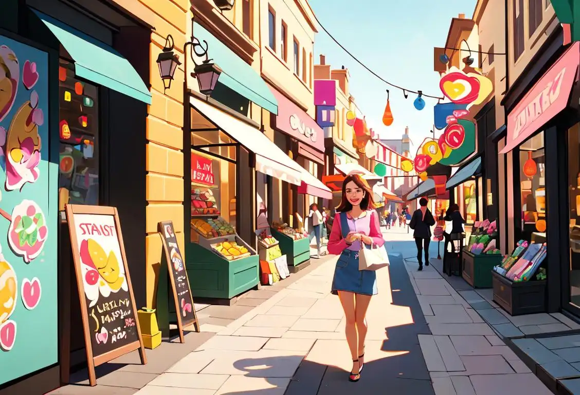 A cheerful customer holding a shopping bag, dressed in trendy attire, in a bustling city street with colorful storefronts..