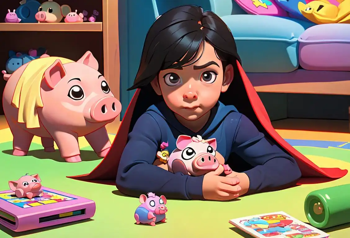 Young child with piggy bank, wearing a superhero cape, surrounded by colorful toys and books..
