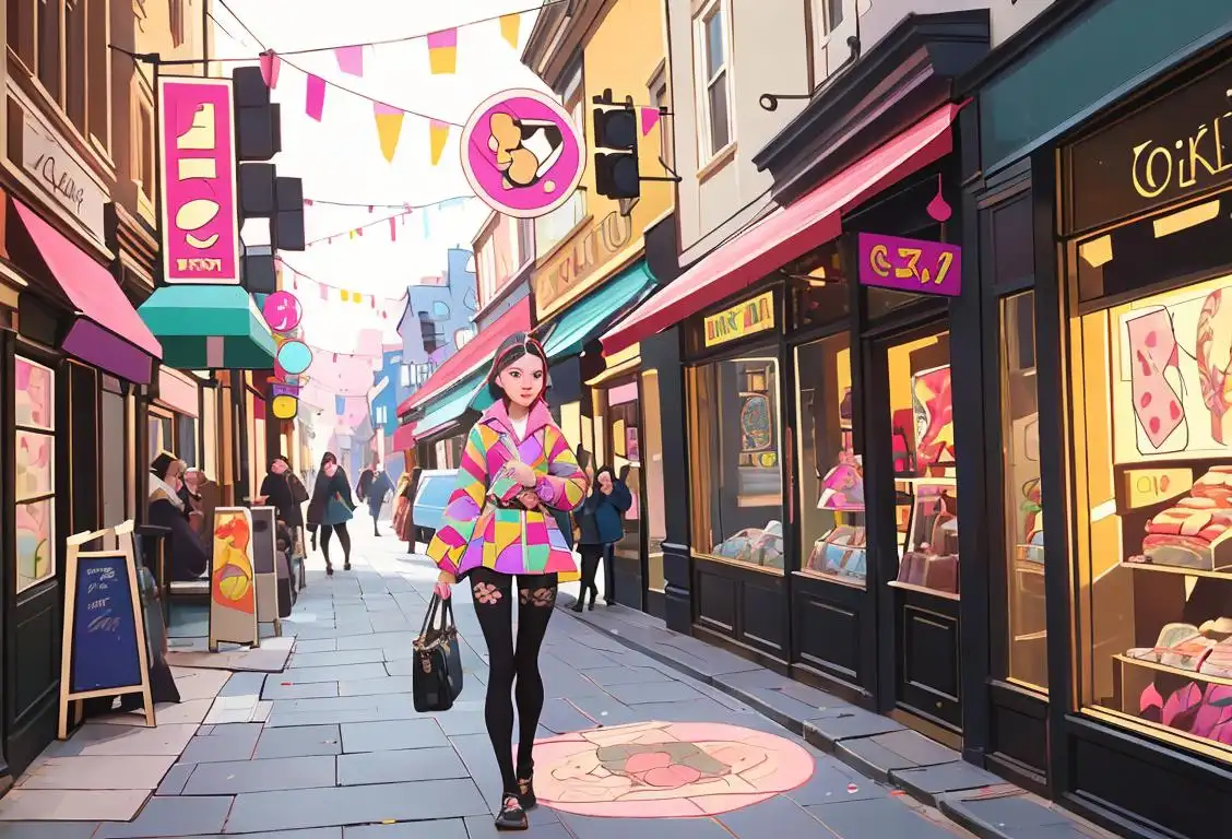 Young woman walking down a city street, wearing colorful patterned tights, surrounded by fashionable boutique storefronts..