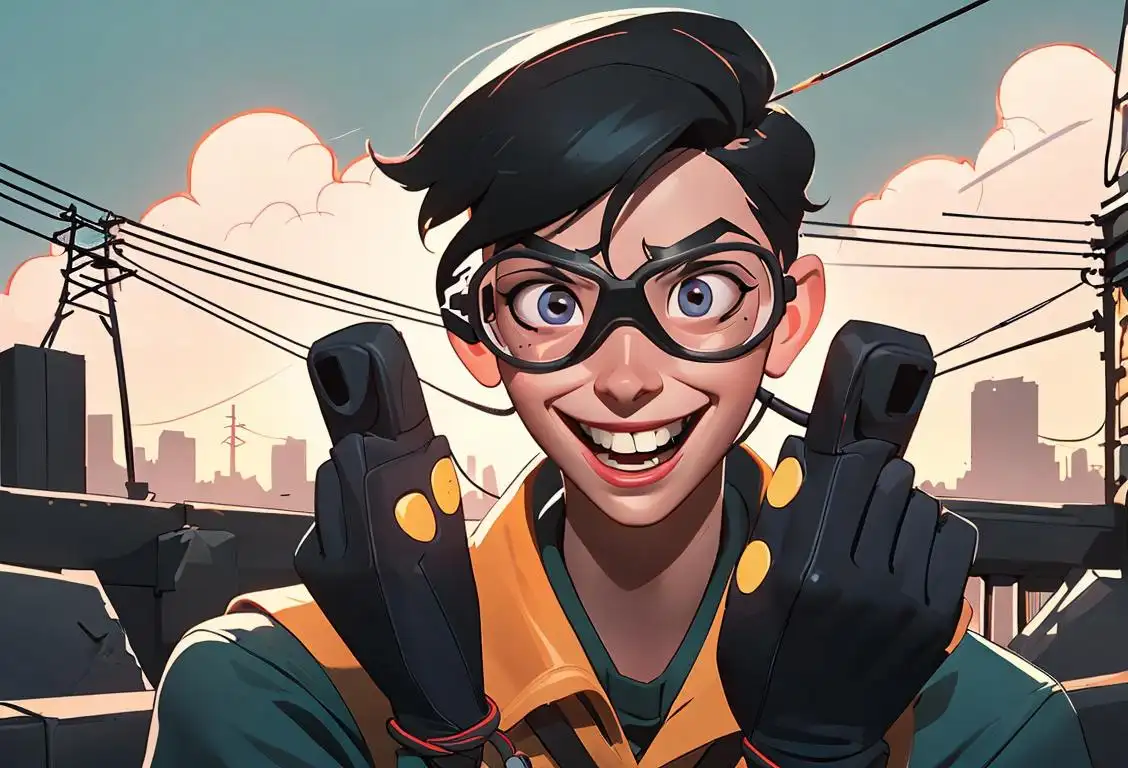 A cheerful person wearing safety goggles, holding an electrical cord, surrounded by power lines, with a cityscape in the background..