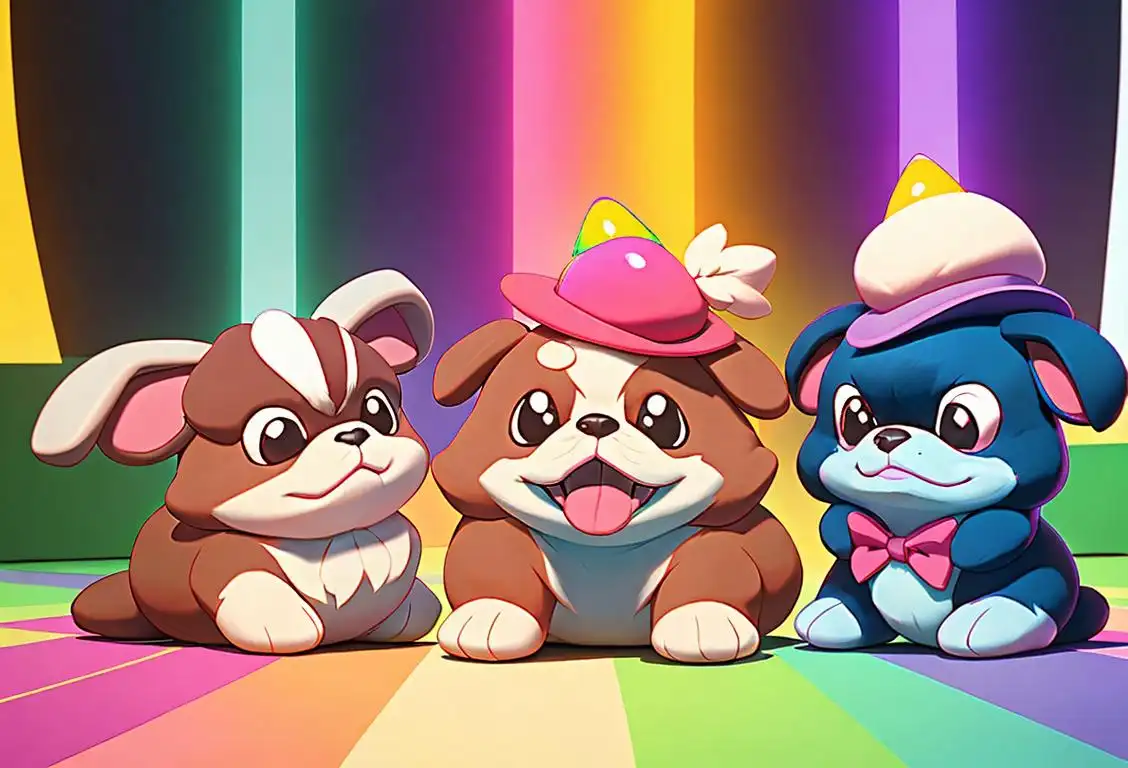 A group of joyful children playing with different colored Rockruff plush toys, wearing colorful hats and surrounded by a vibrant party atmosphere..