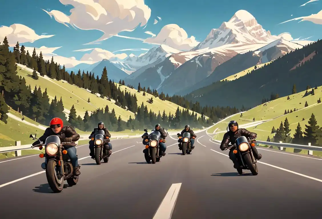 Group of motorcycle enthusiasts riding on a scenic road, wearing iconic leather jackets and helmets, surrounded by breathtaking mountain views..
