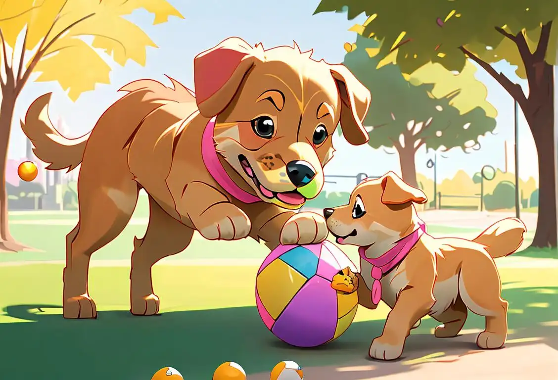 Cute golden retriever puppy playing with a colorful ball, wearing a bandana, in a sunny park..