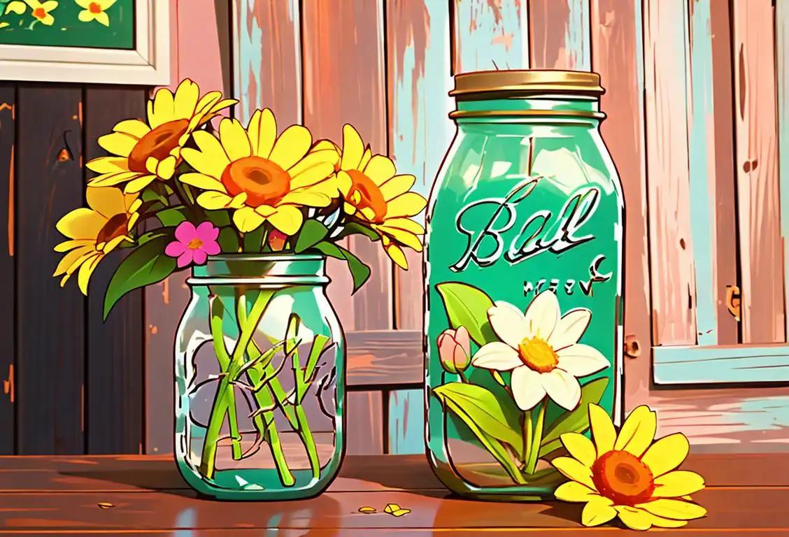 A charming vintage scene with a mason jar filled with colorful flowers, set against a rustic backdrop of a rural American farmhouse..