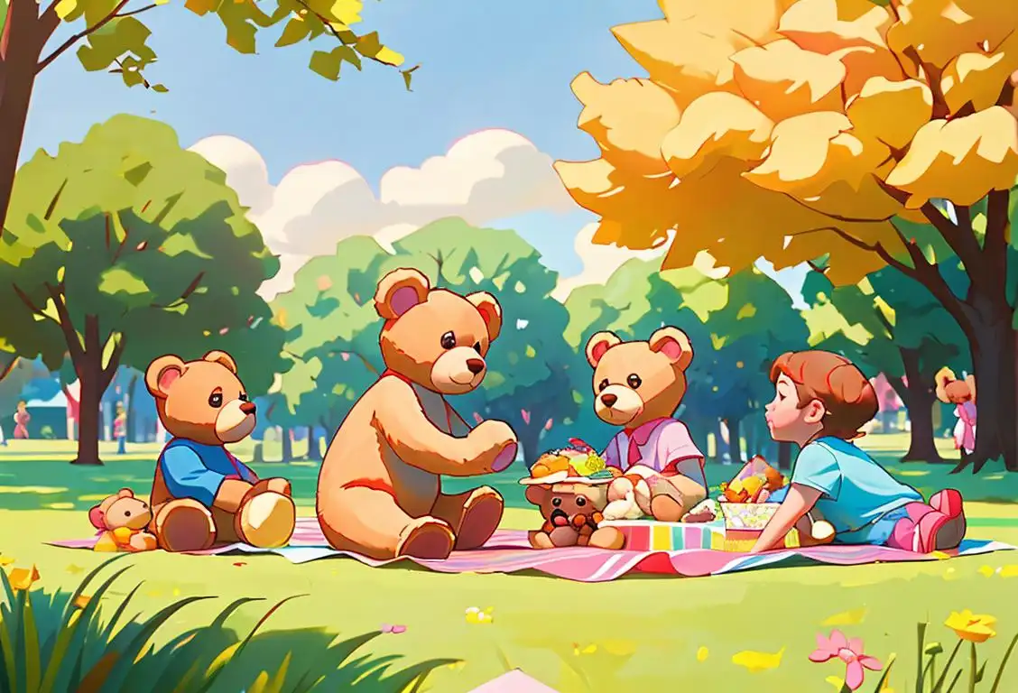 A group of children having a teddy bear picnic in a sunny park, wearing colorful summer outfits and surrounded by adorable stuffed animals..
