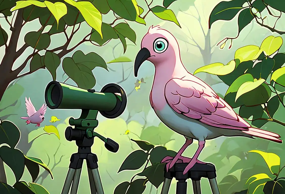 A bird watcher with binoculars, standing in a lush green forest surrounded by various birds in flight..