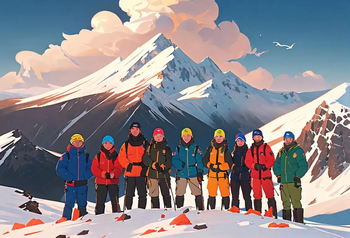 A group of diverse individuals wearing outdoor gear, standing at the summit of a majestic mountain, representing the ambitious spirit of National Summit Day..