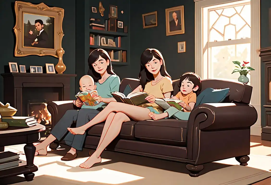 A loving family sitting on a cozy couch, surrounded by books and reading together, in a warm and inviting living room..