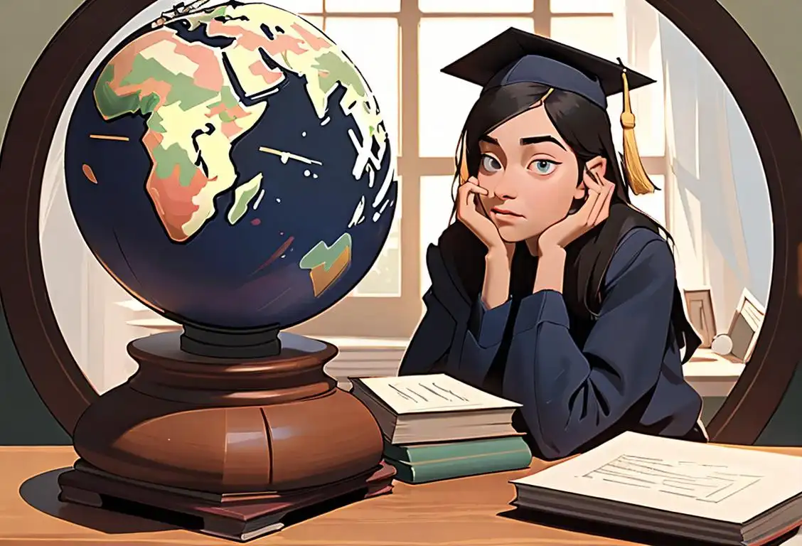 A student holding a stack of books, wearing a graduation cap, surrounded by college pennants and a globe..