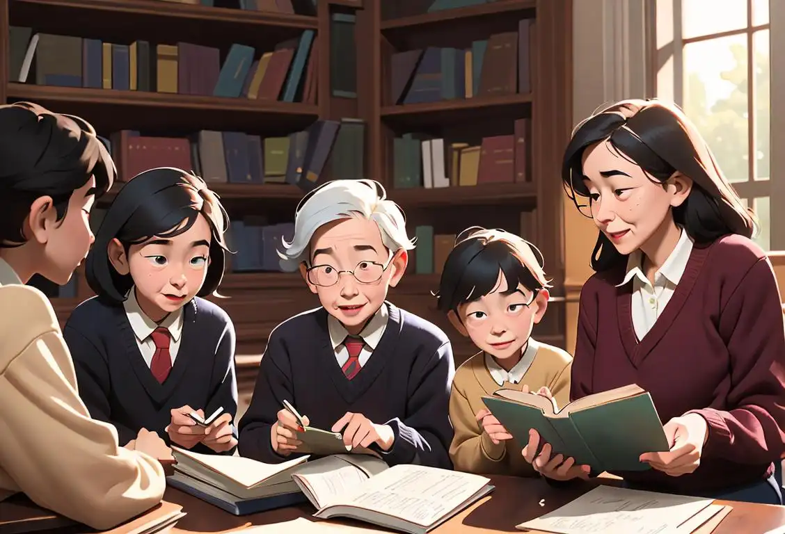 A diverse group of people, including children, students, and elders, reading books and chatting happily in a library setting. Some wearing cozy sweaters, others in business attire..