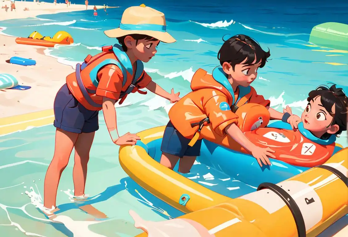 Children playing in a pool with colorful lifejackets, summer attire, beach scene, and water safety symbols in the background..
