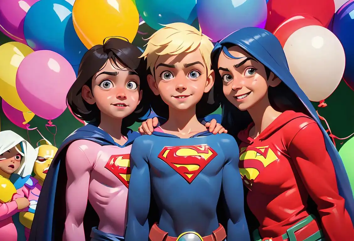 A group of children wearing superhero capes, surrounded by colorful balloons, in a hospital playroom, with supportive medical staff smiling..