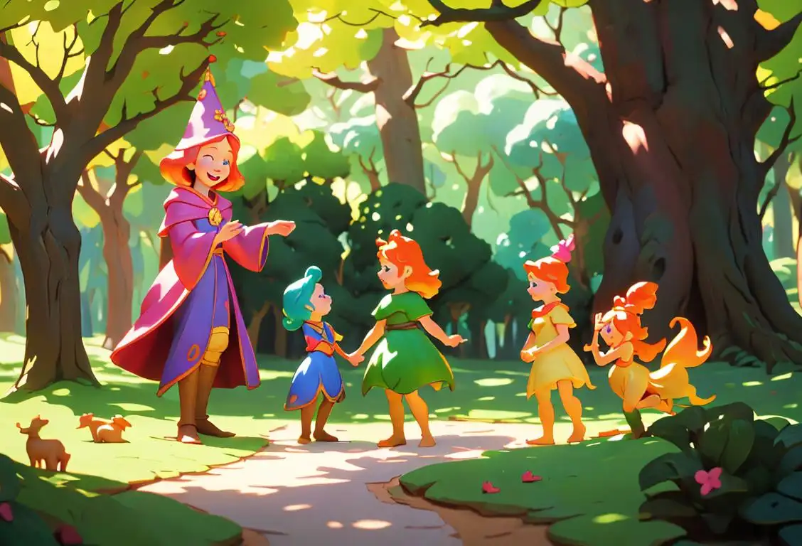 Happy children playing with colorful Zelf figurines outdoors, surrounded by a whimsical forest and wearing bright, fairy-tale inspired costumes, having a magical time..