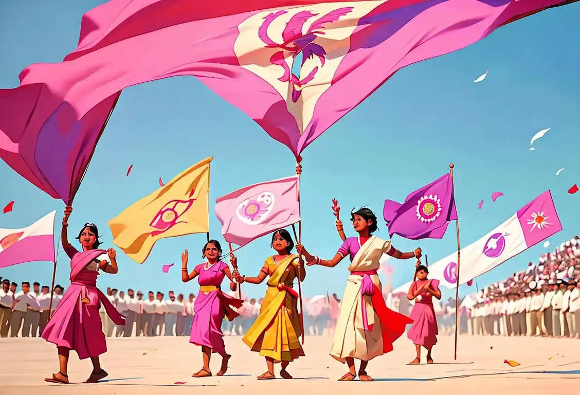 A joyful celebration of Telangana Liberation Day, featuring a group of diverse individuals waving the national flag, dressed in traditional Telangana attire, amidst a vibrant cultural setting..