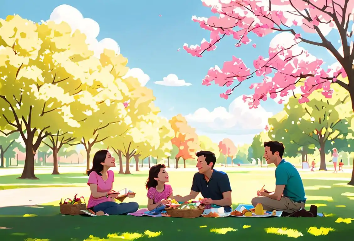 Happy family in a park, dressed in casual attire, enjoying a picnic under a sunny sky..