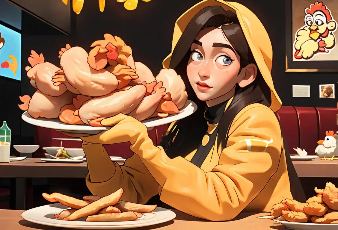 Young woman wearing a chicken costume, surrounded by piles of crispy chicken fingers, in a lively family-friendly restaurant..