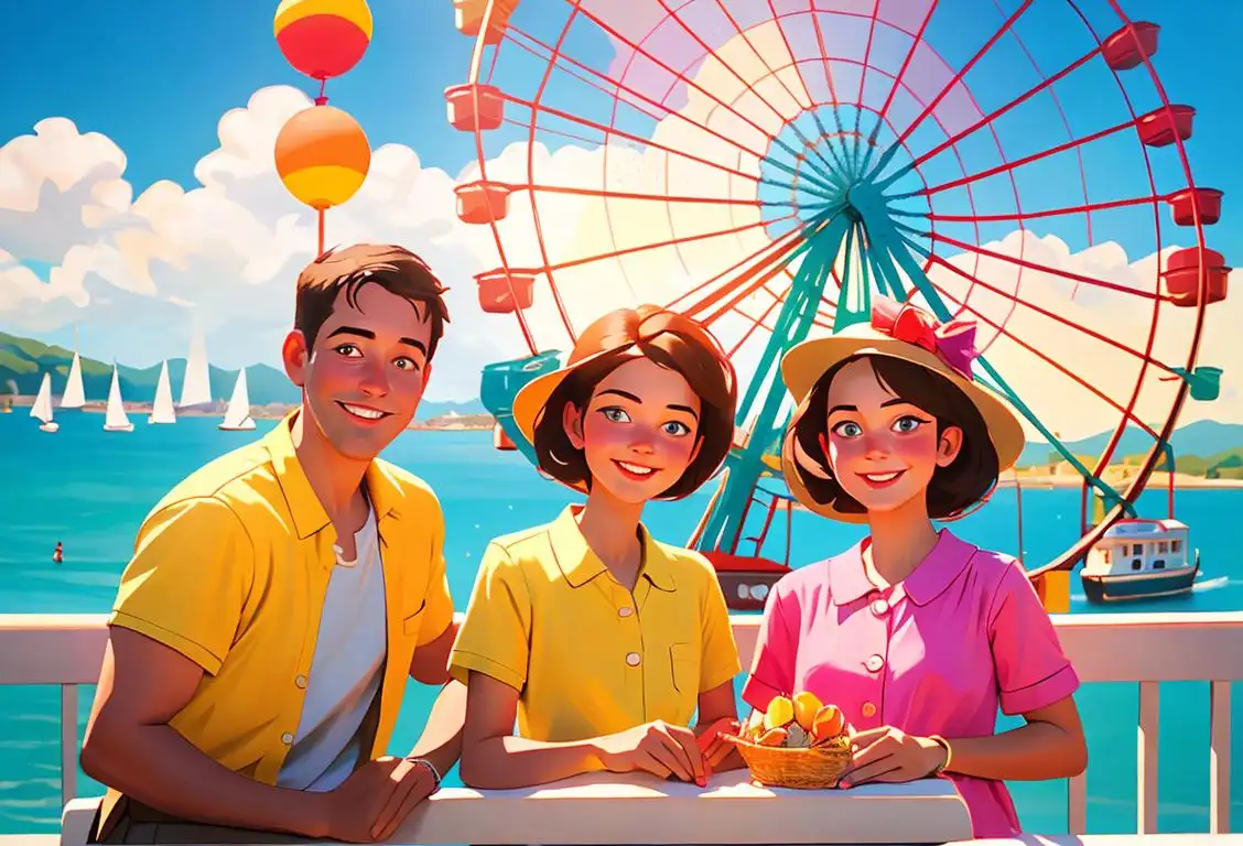 A family of three, dressed in colorful summer clothes, smiling and enjoying a breathtaking view from a ferris wheel..