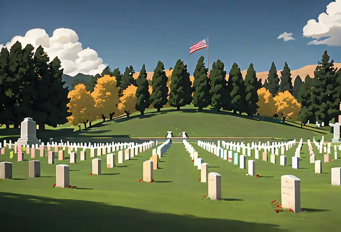 A group of people standing solemnly in a national cemetery, holding American flags, with a backdrop of rolling green hills..
