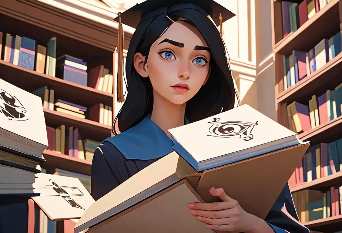 Young woman wearing a graduation cap and gown, surrounded by books, education and achievement symbols, celebrating National First-generation Day..