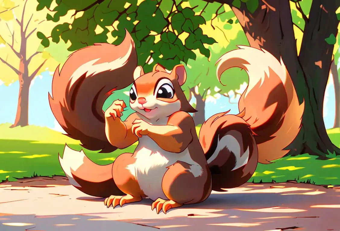 A person with open arms, ready to embrace a fluffy-tailed squirrel in a colorful, whimsical outdoor setting..