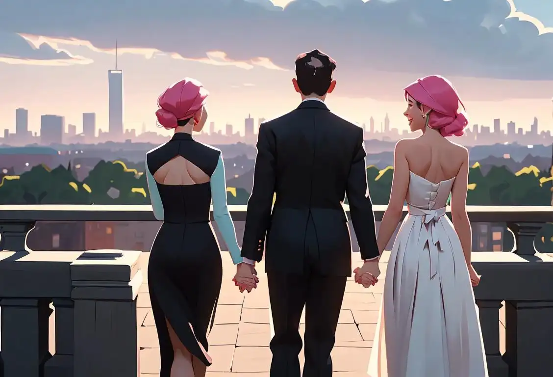 Illustration of diverse group of people holding hands, smiling and spreading love. Some wearing casual clothes, others in formal attire, city skyline in the background..