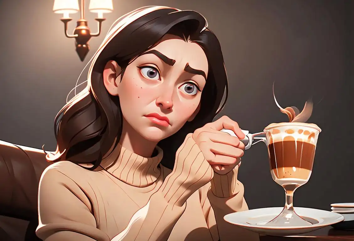 Young woman with a slight frown, holding a spilt cup of coffee, wearing a cozy sweater, cozy coffee shop scene..