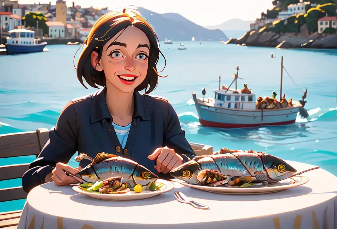 A cheerful woman enjoying a plate of sardines with a picturesque seaside backdrop, dressed in nautical-inspired clothing, capturing the essence of National Sardines Day..