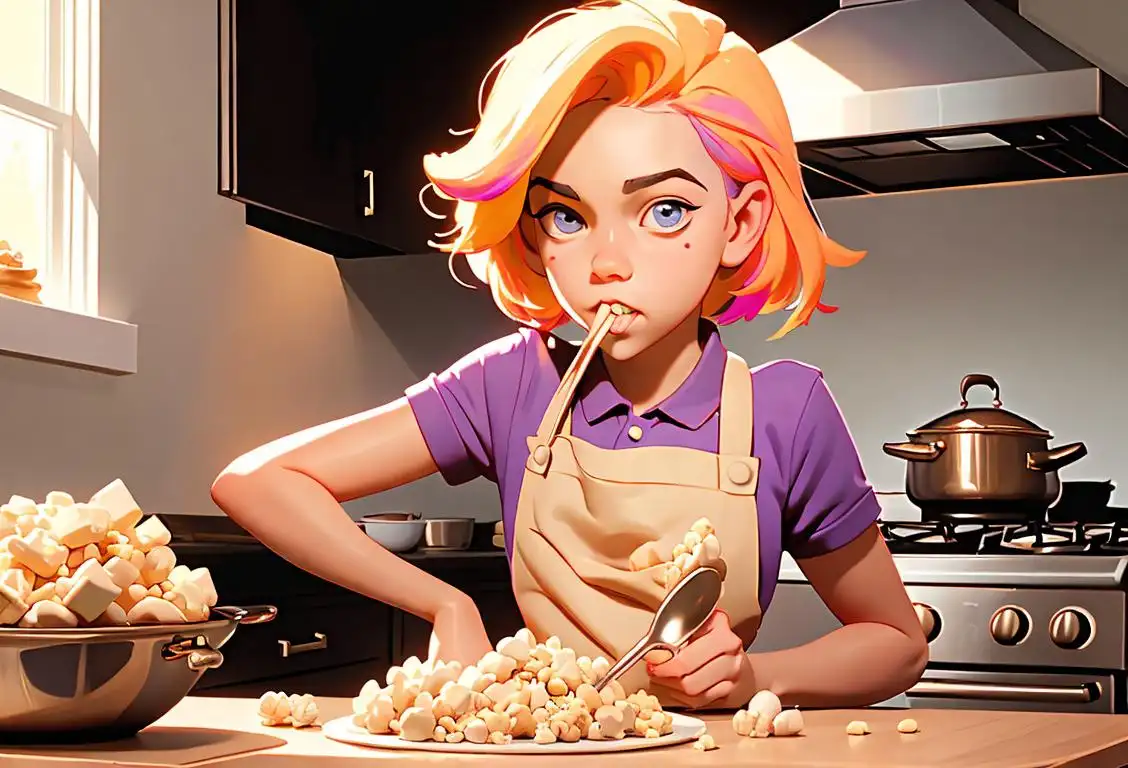 Young girl biting into a homemade rice krispie treat, wearing a colorful apron, kitchen filled with baking utensils and ingredients..