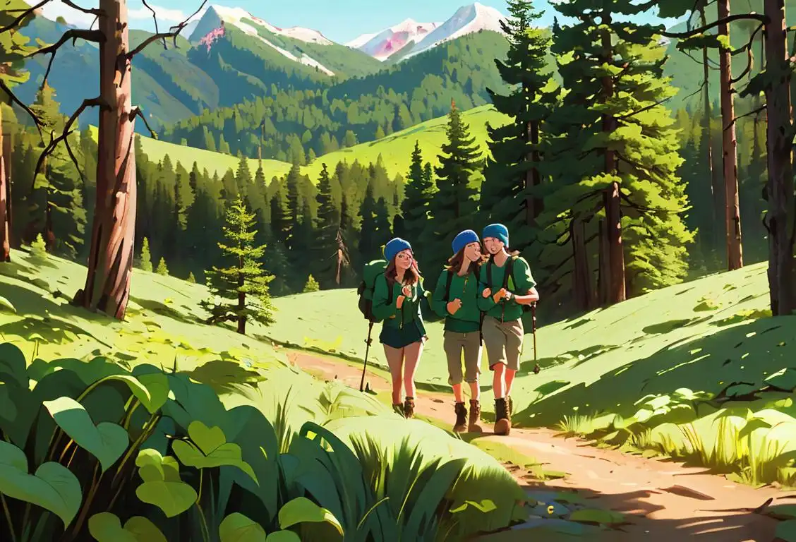 Young couple hiking through a lush green forest in Oregon, wearing flannel shirts, beanies and hiking boots. Beautiful mountain scenery in the background..