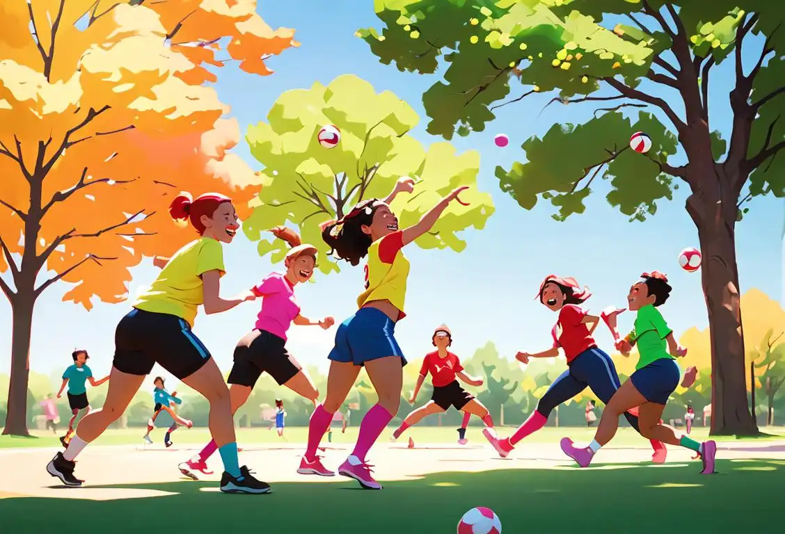 Group of diverse friends playing kickball in a sunny park, wearing colorful athletic attire, surrounded by trees and laughter..